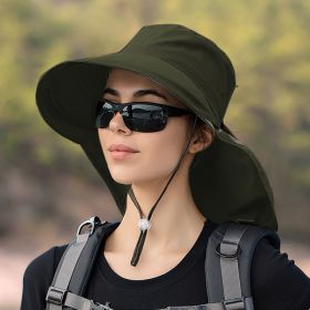 Wide Brim Shawl Ponytail Bucket Hat For Women; Outdoor Fishing Hiking UV Protection Bonnet (Color: 8# Olive Green)