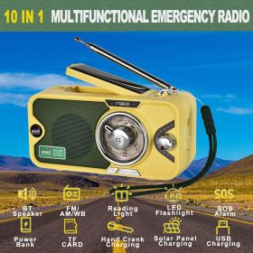 3600mAh Emergency Crank &NOAA Weather Radio; Hand Crank/Solar/USB Charging; Portable Radio With (AM FM /WB); Radio With Other Function For BT Speaker (Color: YELLOW)