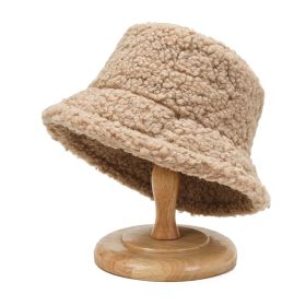 2021 Women's Harajuku Bucket Hat Solid Color Women Men Fishing Fisherman Hats Autumn Winter Lamb Wool Outdoor Warm Panama Cap (Color: Khaki)