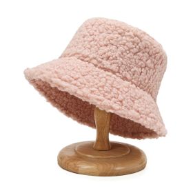 2021 Women's Harajuku Bucket Hat Solid Color Women Men Fishing Fisherman Hats Autumn Winter Lamb Wool Outdoor Warm Panama Cap (Color: Pink)